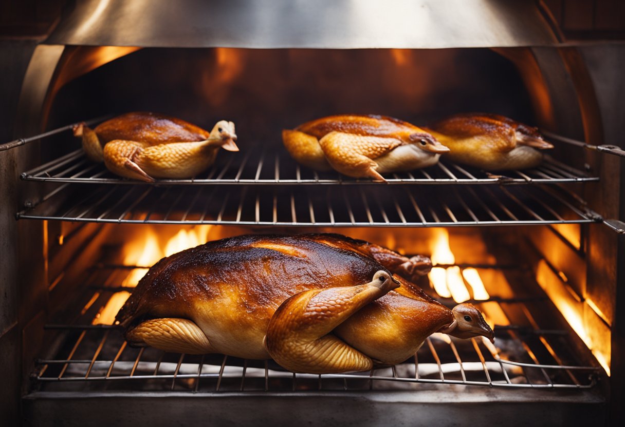 A whole duck is being roasted in a traditional Chinese oven, its skin turning golden and crispy as it cooks. The air is filled with the savory aroma of the duck as it slowly roasts to perfection