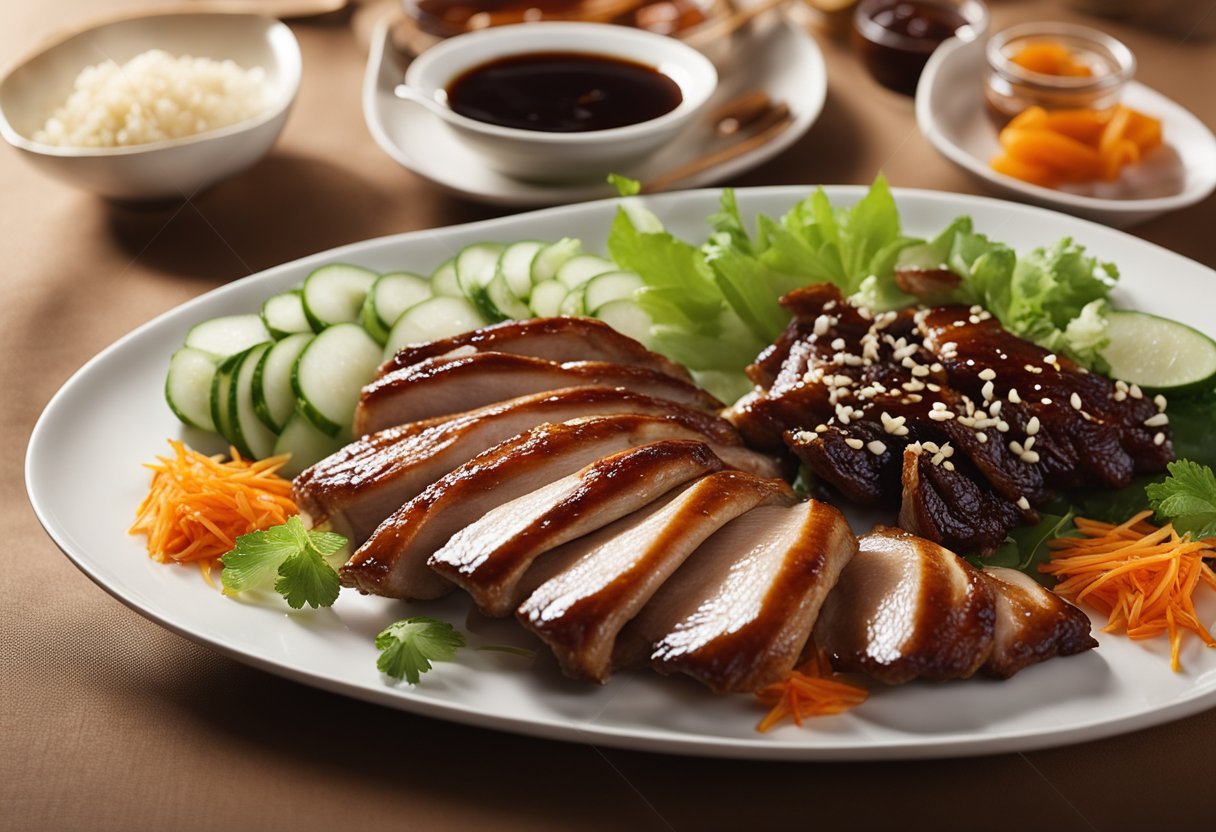 A whole roasted Peking duck on a serving platter with garnishes and a side of hoisin sauce