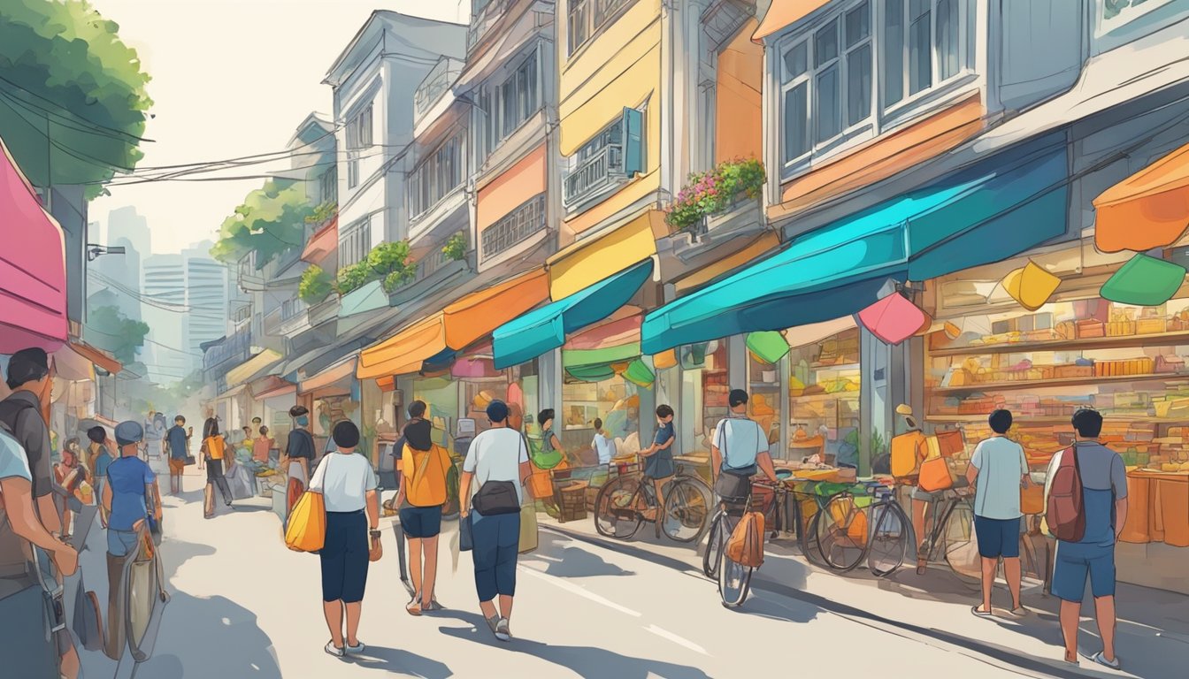 A bustling street in Singapore with colorful storefronts displaying kayaks and paddles. Potential customers browsing and talking to salespeople