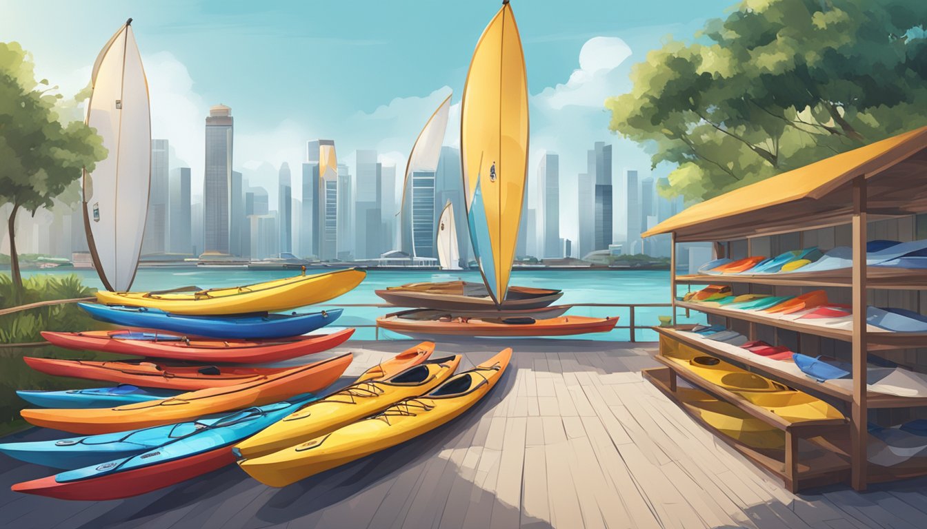 A waterfront shop displays various kayaks for sale in Singapore