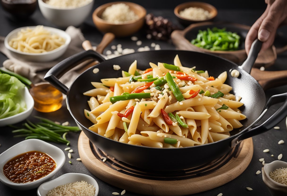 A wok sizzles with garlic, ginger, and chili as Chinese penne pasta is tossed with soy sauce and sesame oil, garnished with green onions and sesame seeds