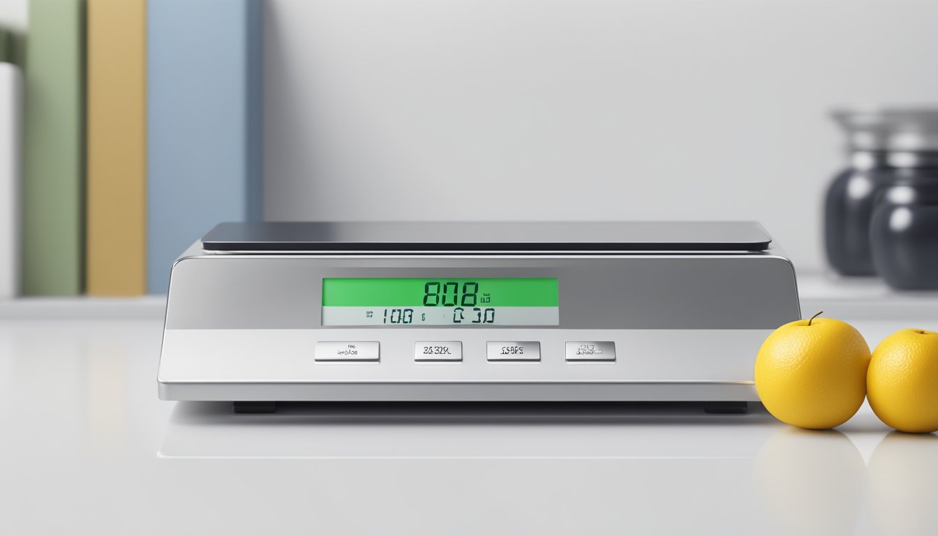A weight scale sits on a clean, white shelf in a modern, well-lit store in Singapore. The scale is sleek and silver, with a digital display and smooth, minimalist design