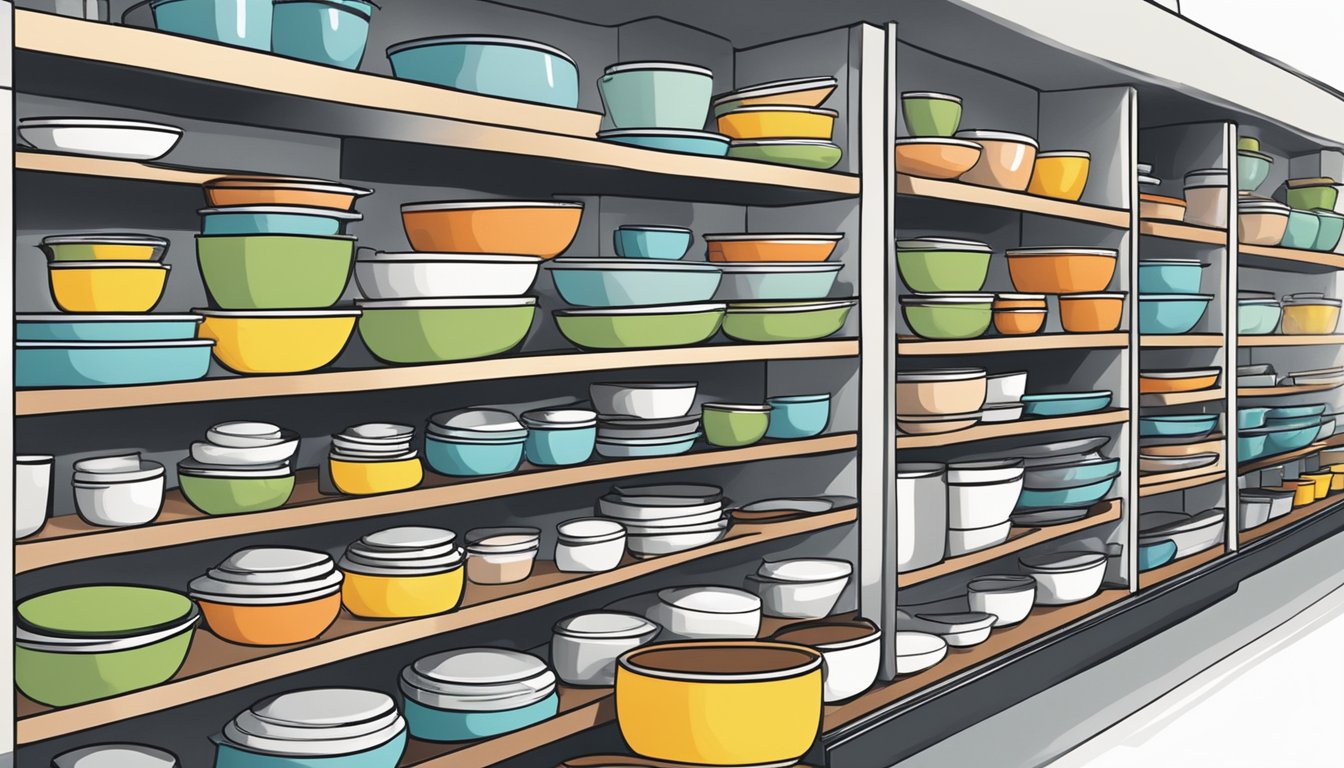 A bustling kitchenware store in Singapore displays an array of ramekins in various sizes and colors, neatly stacked on shelves or arranged on countertops