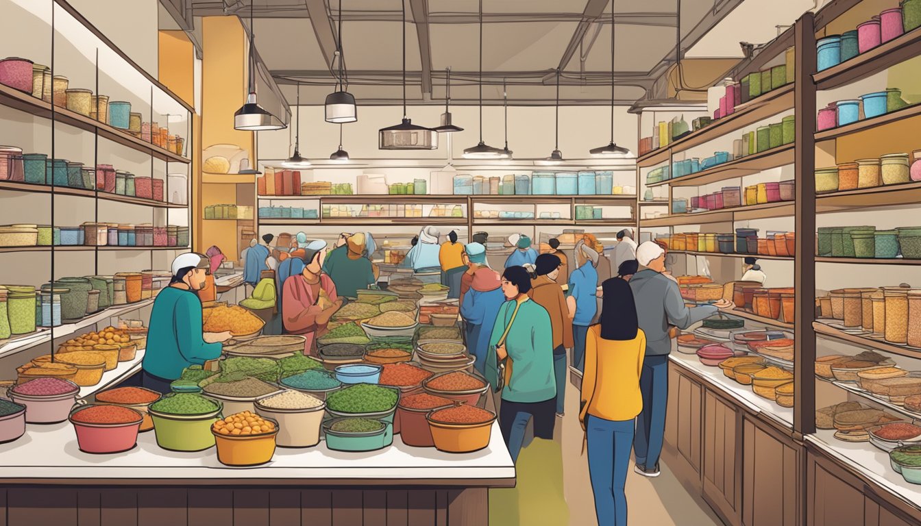 A bustling marketplace with colorful displays of various-sized ramekins, neatly arranged on shelves and tables, surrounded by eager customers inspecting the quality and design options