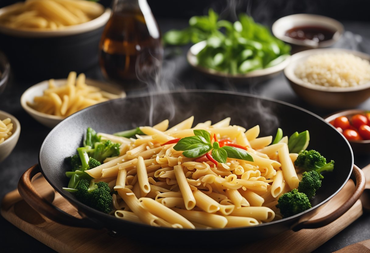 A wok sizzles with garlic, ginger, and chili, while soy sauce and sesame oil wait nearby. Boiling water steams over a pot of penne pasta, and a plate of fresh vegetables stands ready for chopping