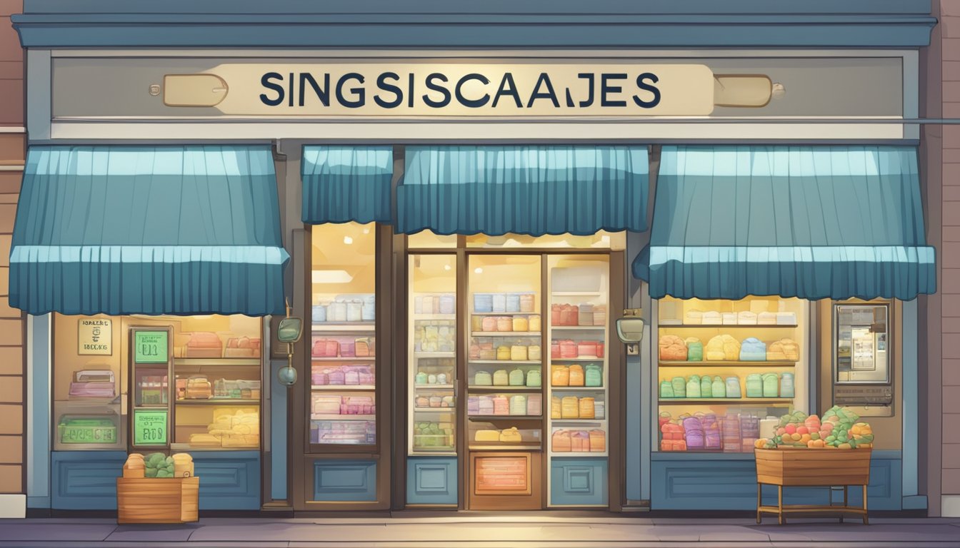 A store front with a variety of weighing scales displayed in the window, with a sign indicating "Where to Purchase Weighing Scales in Singapore" prominently featured