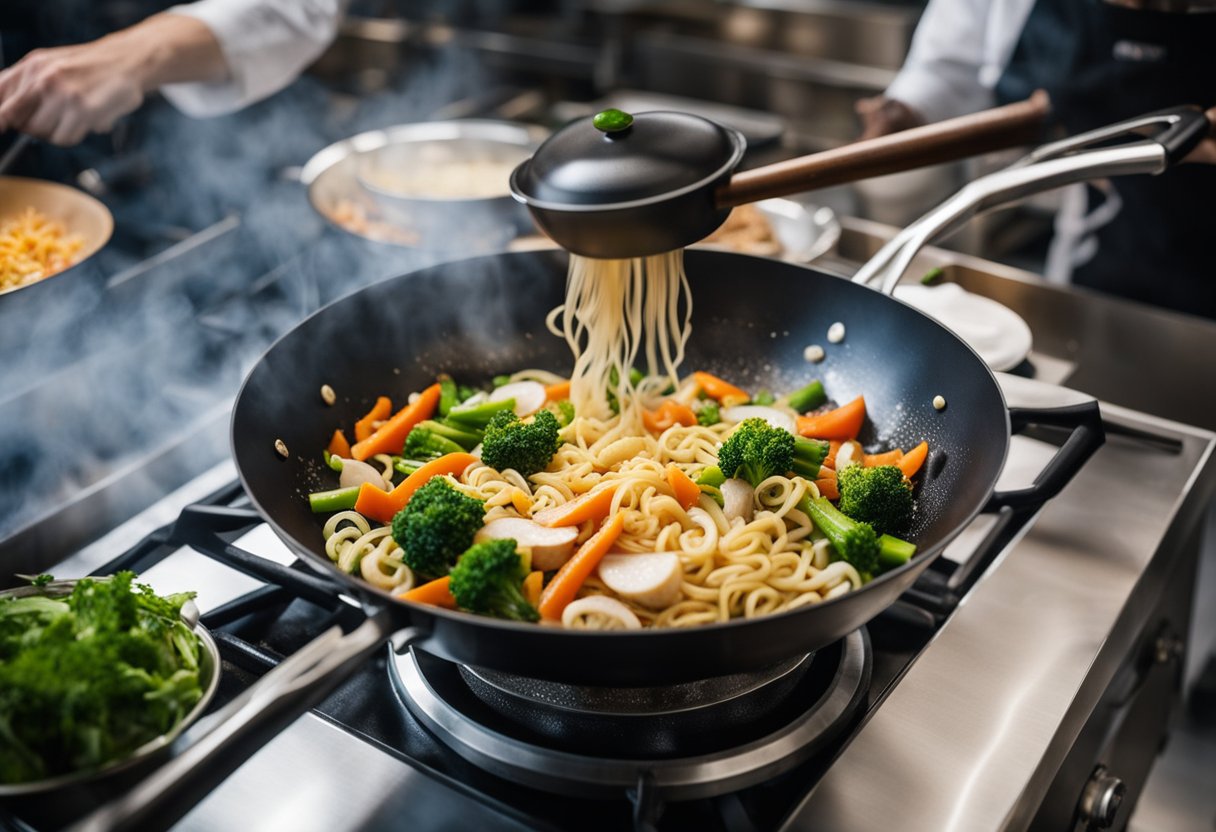 A wok sizzles as it stir-fries garlic, ginger, and vegetables. Steam rises as the chef adds soy sauce and noodles, tossing them together