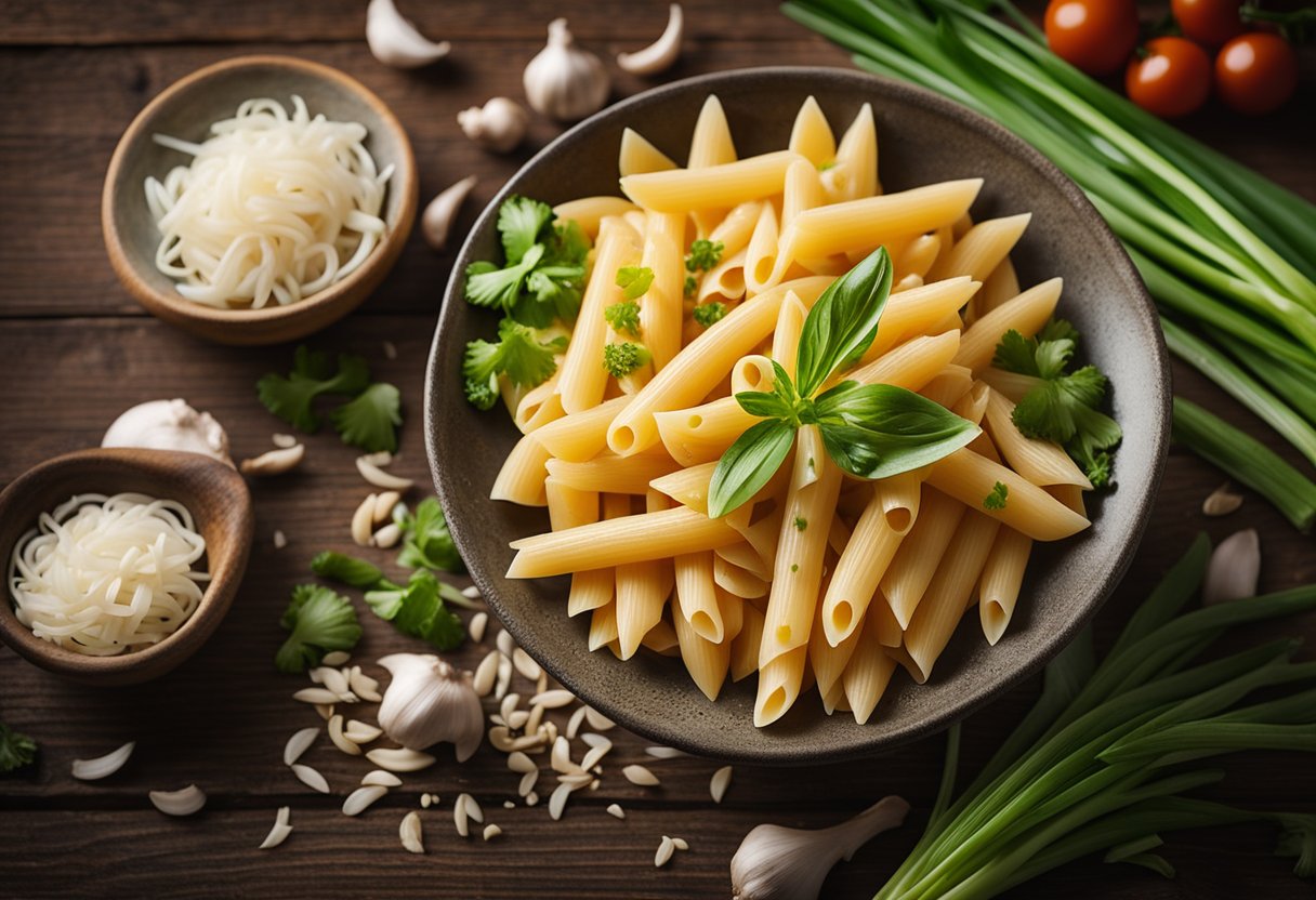 A steaming bowl of Chinese penne pasta sits on a rustic wooden table, surrounded by vibrant ingredients like ginger, garlic, and green onions. A wisp of steam rises from the bowl, hinting at the tantalizing flavors waiting to be sav