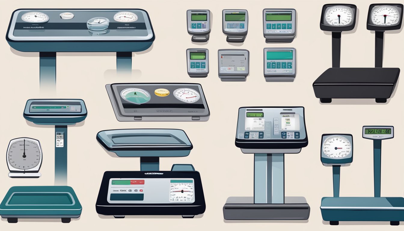 Various weighing scales displayed in a store, including digital, analog, and body composition scales. Labels indicate features and prices. Available for purchase in Singapore