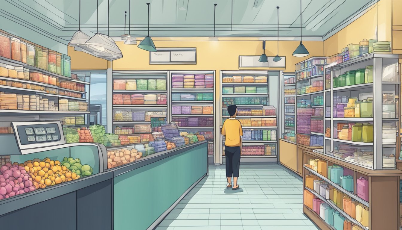 A store in Singapore with shelves of weight scales, customers browsing, and a sign "Frequently Asked Questions: where to buy weight scale in Singapore."