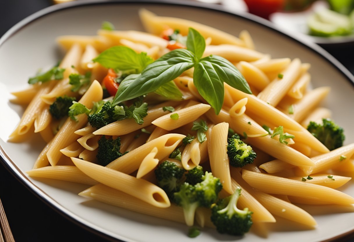 A steaming plate of Chinese penne pasta is elegantly arranged with vibrant vegetables and savory sauce