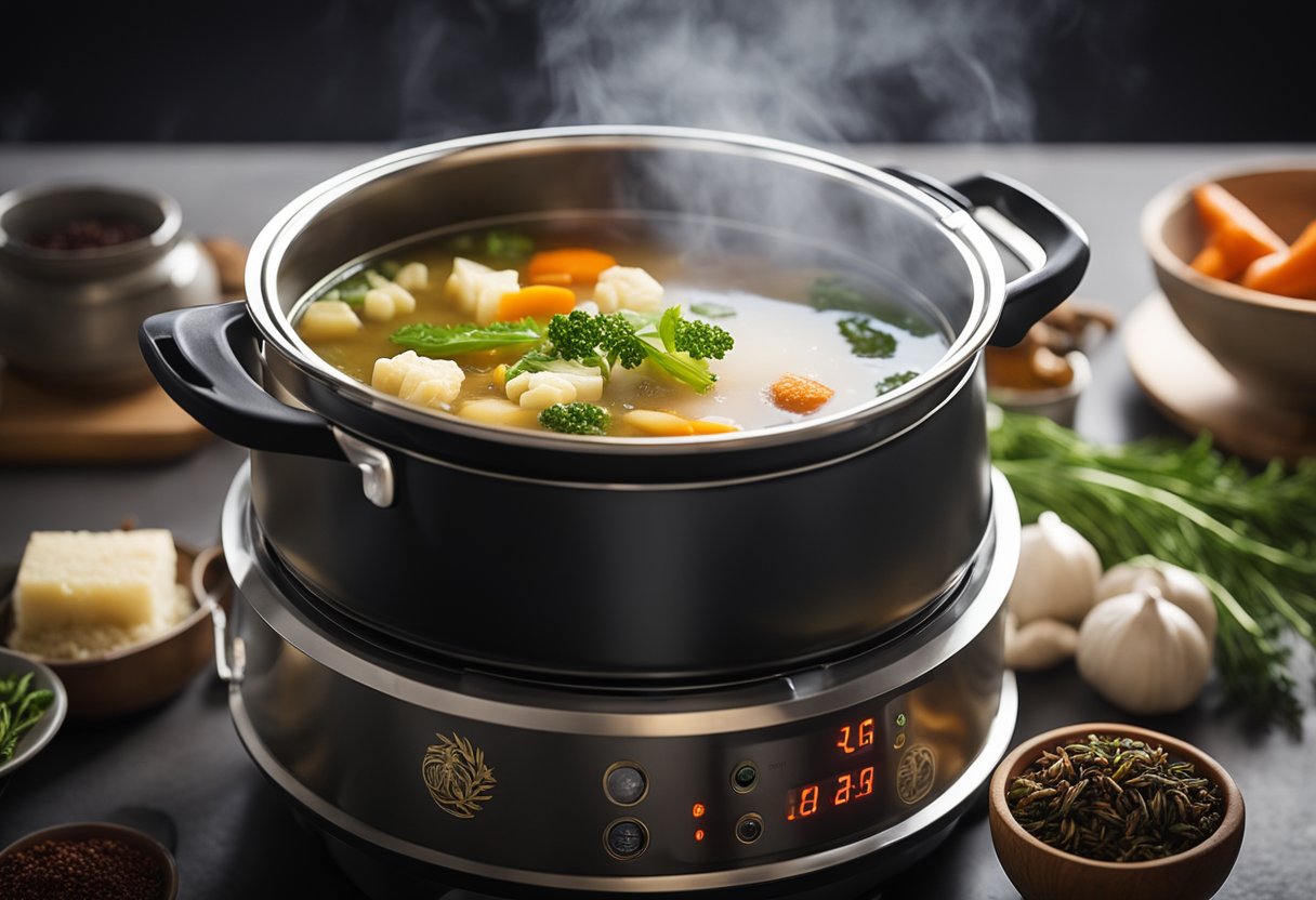 A pot of Chinese soup ingredients simmering in a thermal cooker, steam rising, with traditional herbs and spices on a kitchen counter