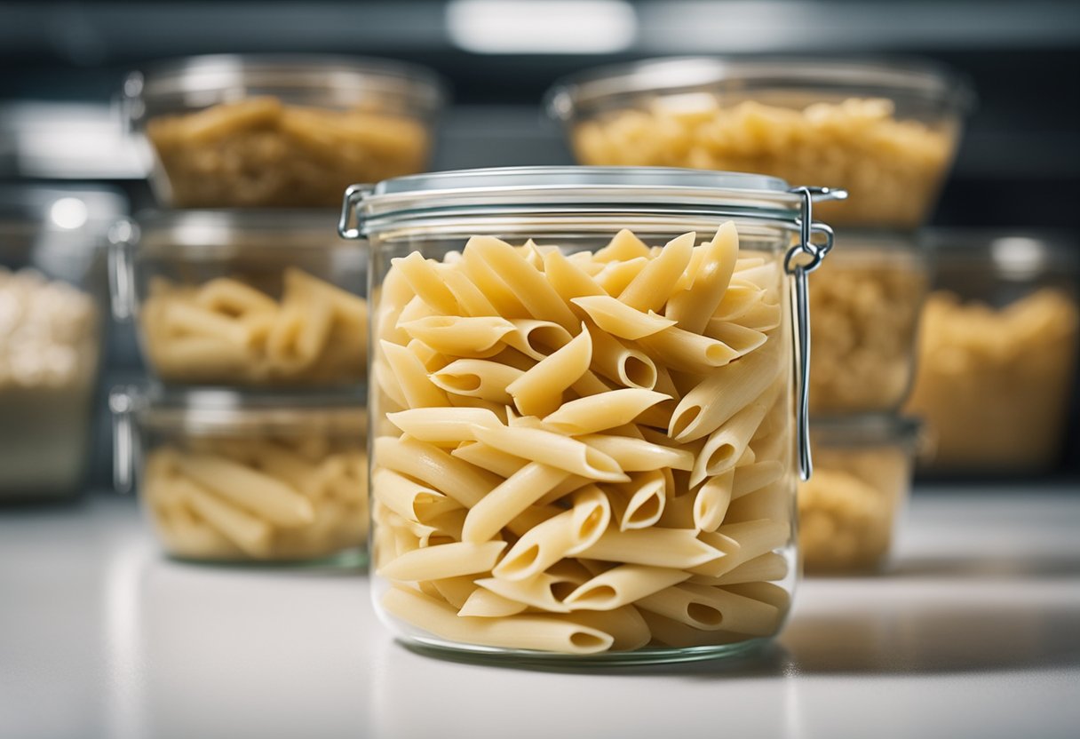 Leftover Chinese penne pasta stored in a clear glass container with a tightly sealed lid, placed in the refrigerator