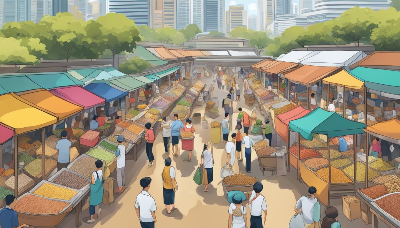 A bustling marketplace in Singapore, with colorful stalls selling bags of flaxseed. Customers browse and haggle with vendors, while the aroma of spices fills the air
