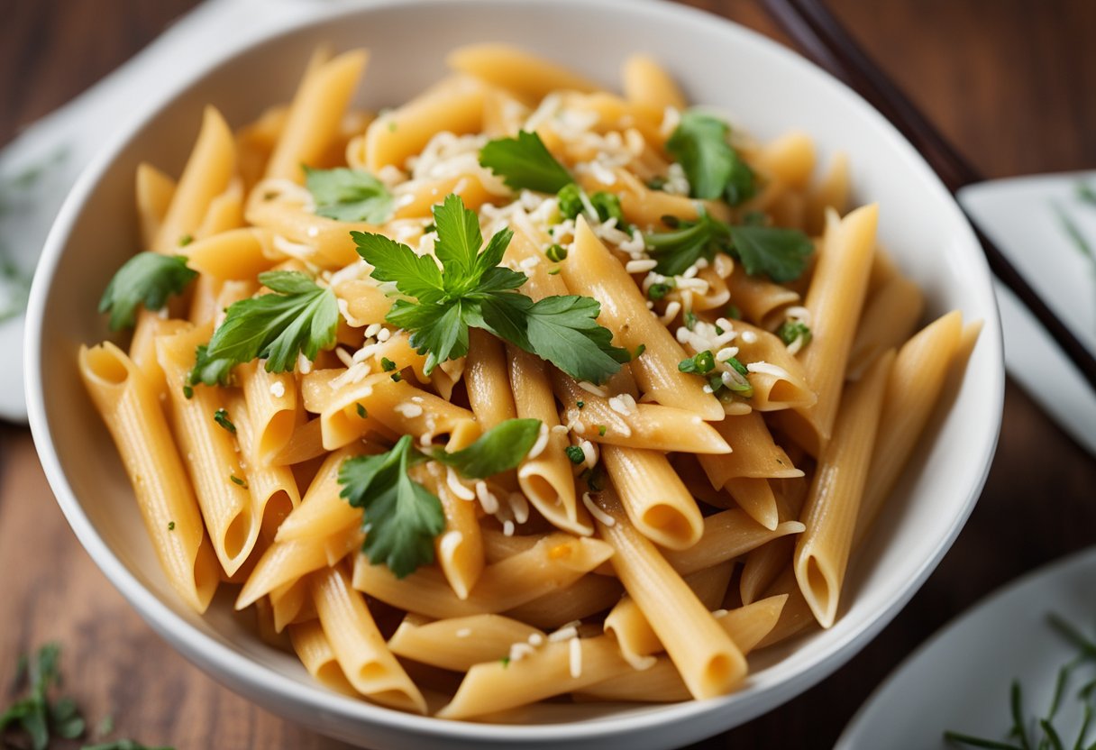 A steaming bowl of Chinese penne pasta with savory sauce, surrounded by fresh ingredients and chopsticks