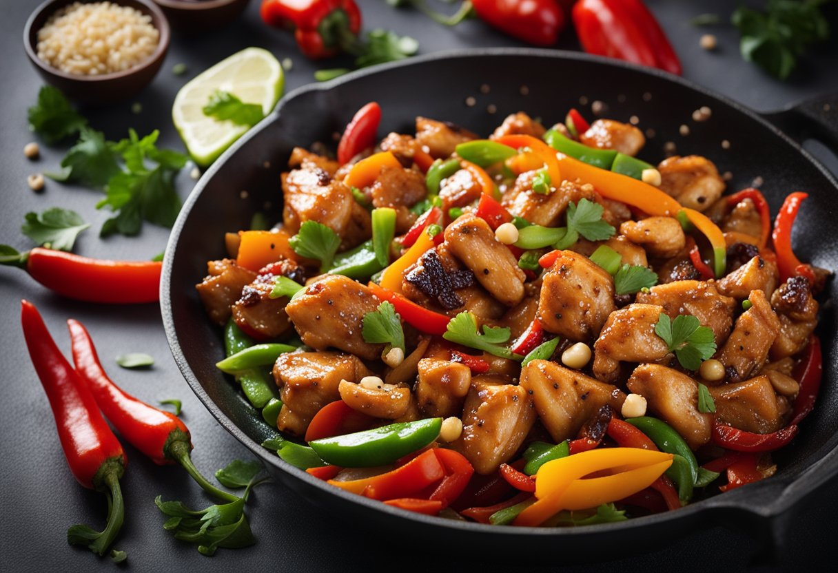 Sizzling chicken pieces stir-fried with vibrant red and green bell peppers, onions, and a spicy Szechuan peppercorn sauce in a wok