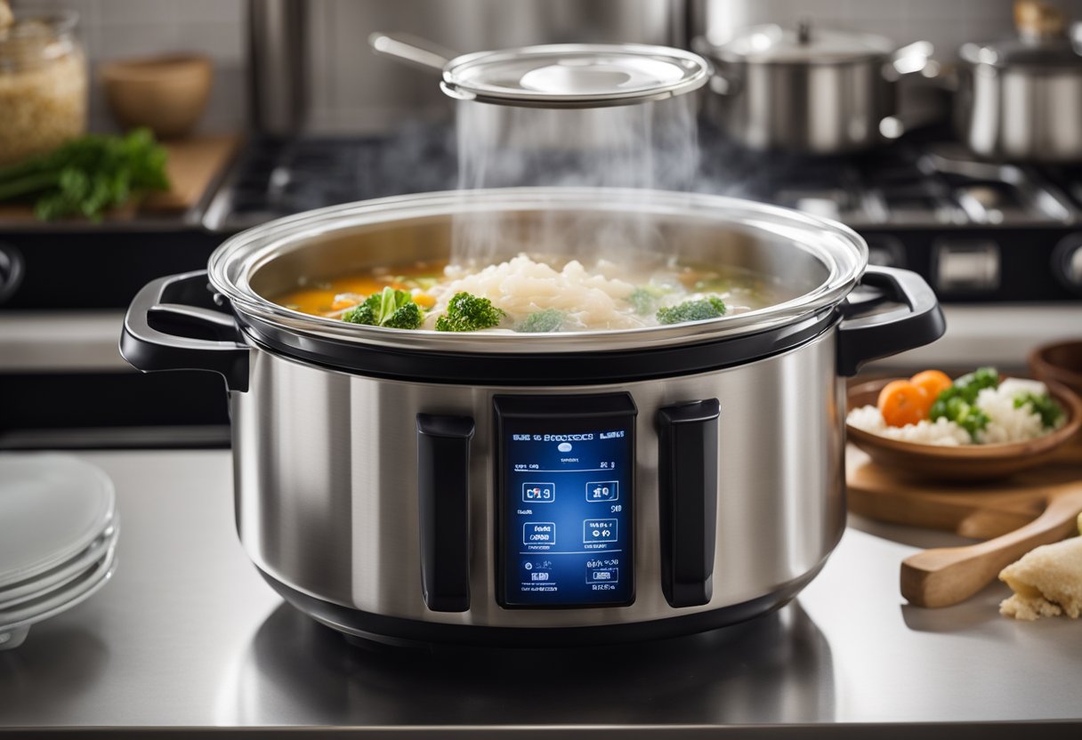 A thermal cooker sits on a kitchen counter, with steam rising from a pot of Chinese soup inside. Ingredients like meat, vegetables, and broth are visible through the glass lid
