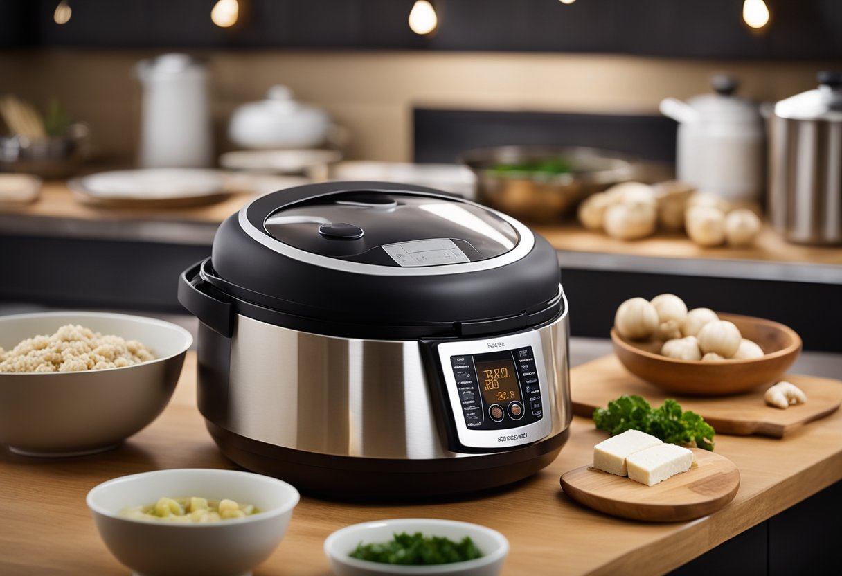 A person selects ingredients for Chinese soups: ginger, garlic, mushrooms, and tofu. A thermal cooker sits on the kitchen counter, ready for the recipe