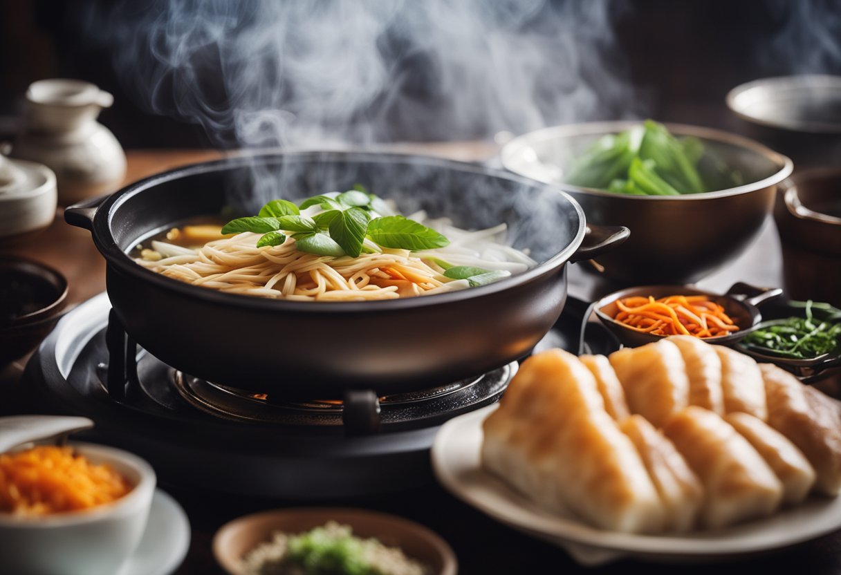 A steaming thermal pot surrounded by essential Chinese cooking ingredients