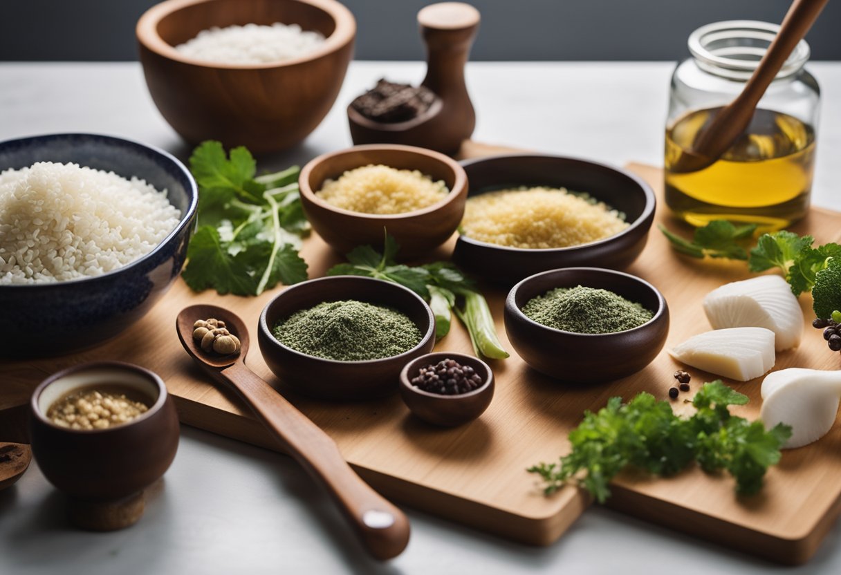 Various ingredients are laid out on a wooden cutting board next to a thermal pot. Chinese recipe books are open, and a mortar and pestle sit nearby