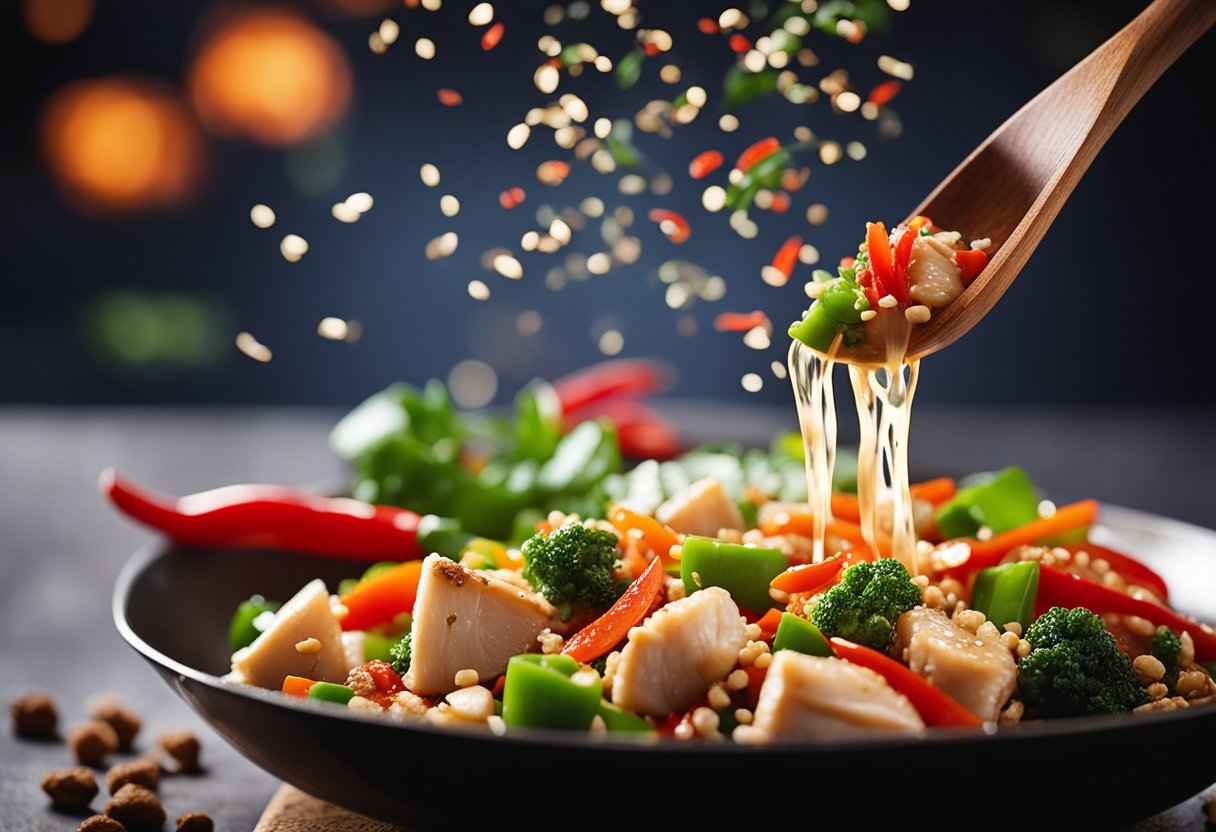 A sizzling wok with diced chicken, vibrant red and green bell peppers, and aromatic Chinese spices. A splash of soy sauce and a sprinkle of sesame seeds add the finishing touch