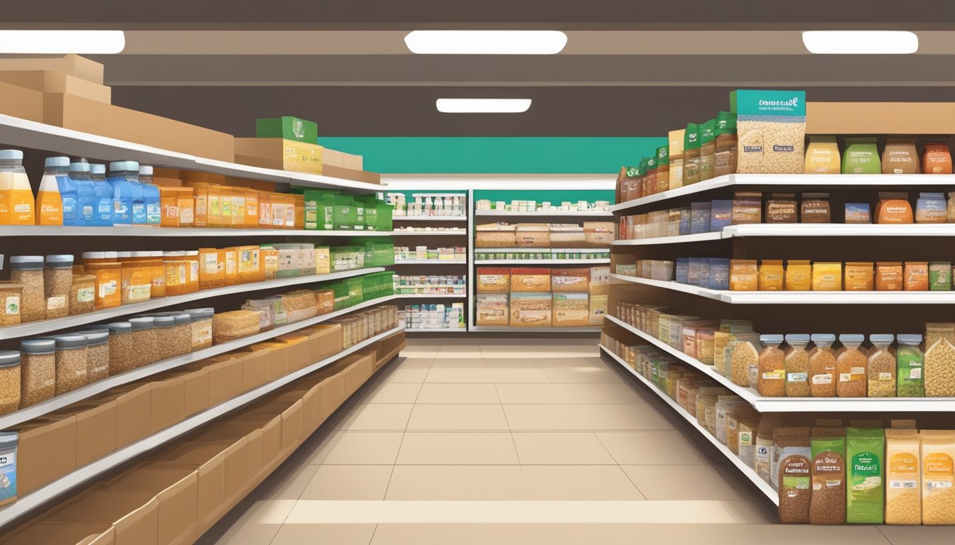 Shelves in a grocery store stocked with various brands of flaxseed products, with clear signage indicating "Flaxseed" in a supermarket in Singapore