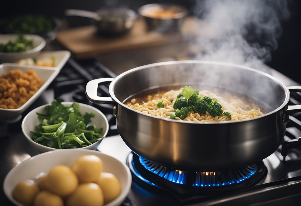 A thermal pot simmers with Chinese recipes, steam rising. Ingredients are prepped on a cutting board, while a wok sizzles on the stove