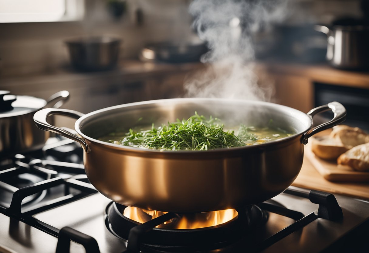 A large pot sits on a stove, filled with aromatic herbs, spices, and simmering broth. Steam rises from the pot as the ingredients meld together to create a rich and flavorful soup base