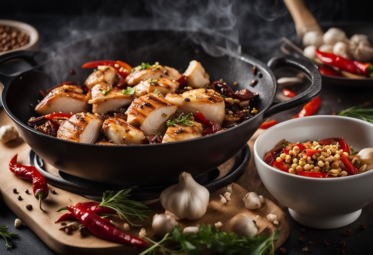 Sliced chicken, garlic, and ginger sizzling in a wok with dried red peppers and Sichuan peppercorns. Soy sauce and sugar added for a caramelized glaze