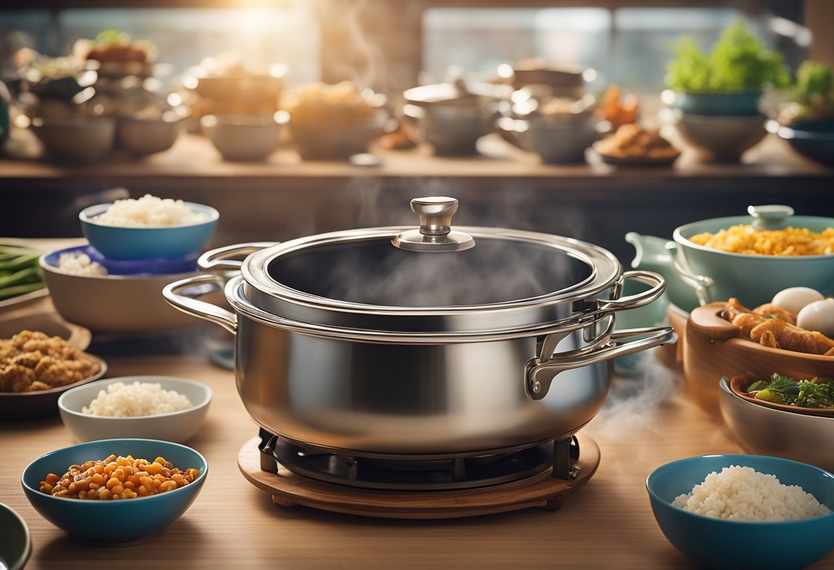 A steaming thermal pot sits on a table, filled with fragrant Chinese recipes. Steam rises, and the pot is surrounded by colorful serving dishes and utensils