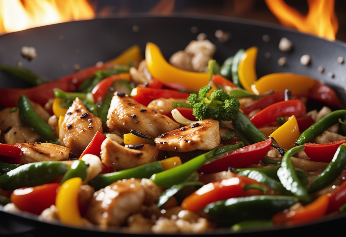 A wok sizzles as chicken, peppers, and spices are tossed together over a high flame, creating a fragrant and colorful stir-fry