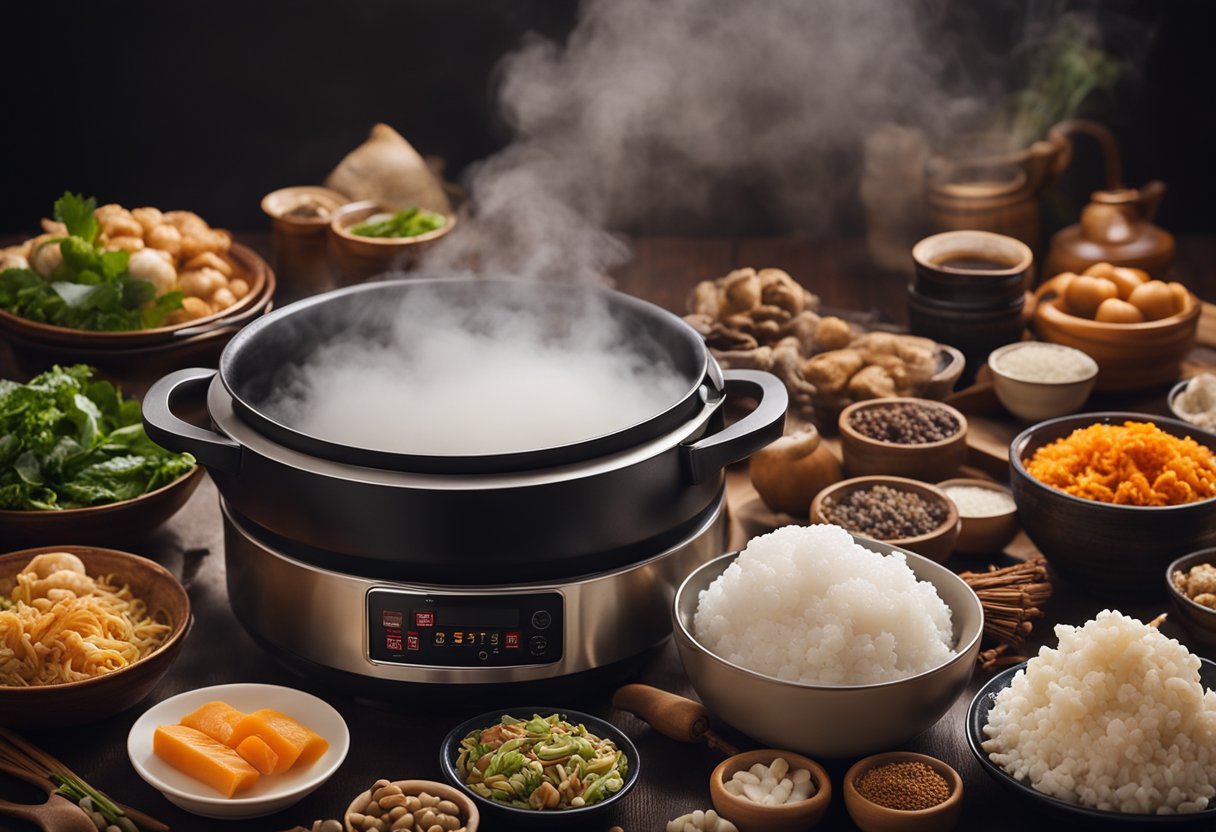 A steaming thermal pot surrounded by various Chinese recipe ingredients