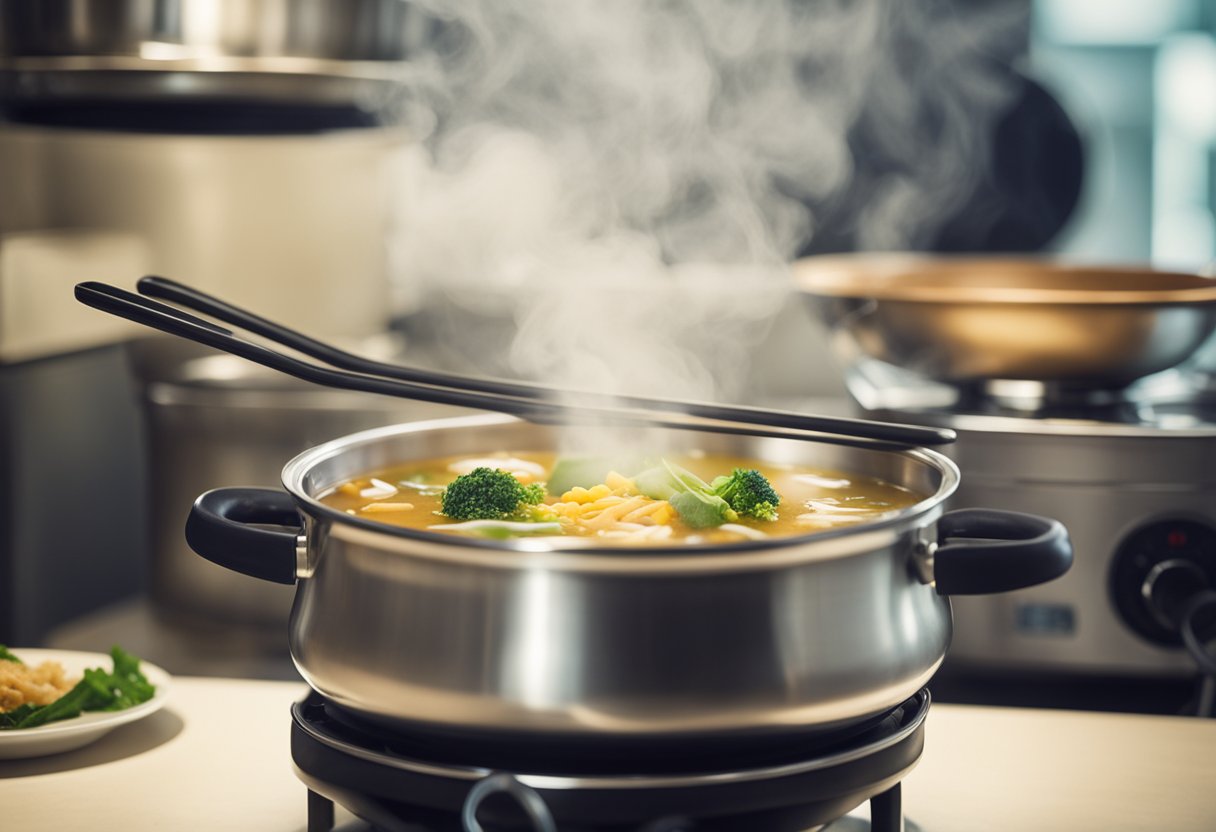 A steaming pot of Chinese soup sits next to a thermal cooker. Ingredients for pairing are arranged nearby