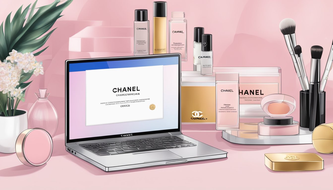 A laptop displaying the Chanel makeup website, with a Singapore flag in the background