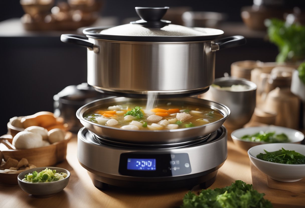 A steaming pot of Chinese soup surrounded by ingredients and a thermal cooker, with a list of frequently asked questions about recipes nearby