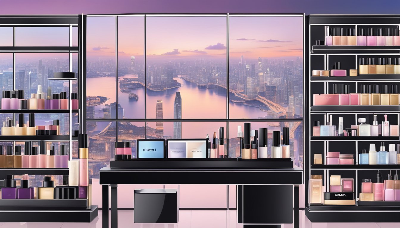 Chanel Beauty products arranged on a sleek, modern display. Online shopping interface on a computer screen. Singapore skyline in the background