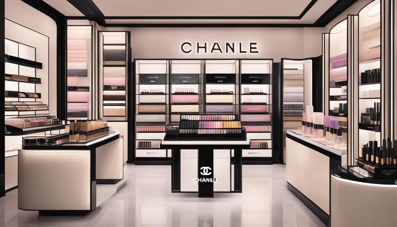 A luxurious display of Chanel makeup products in a sleek and modern online store setting in Singapore