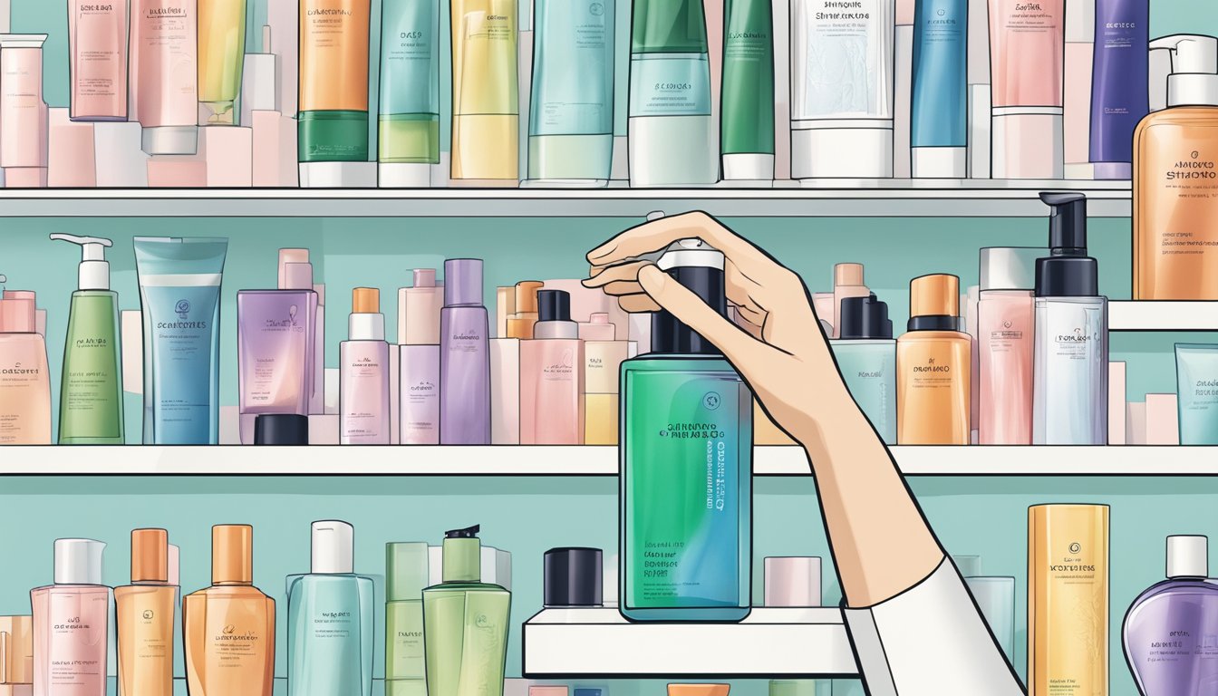 A hand reaching for a bottle of Shiseido shampoo on a shelf in a modern, well-lit store in Singapore