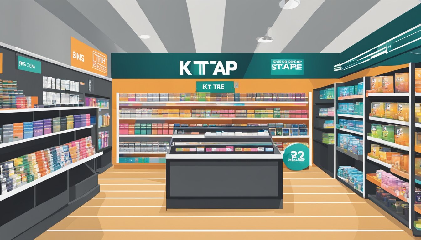 A bustling sports store in Singapore displays various KT Tape products on shelves. Customers browse and compare different options
