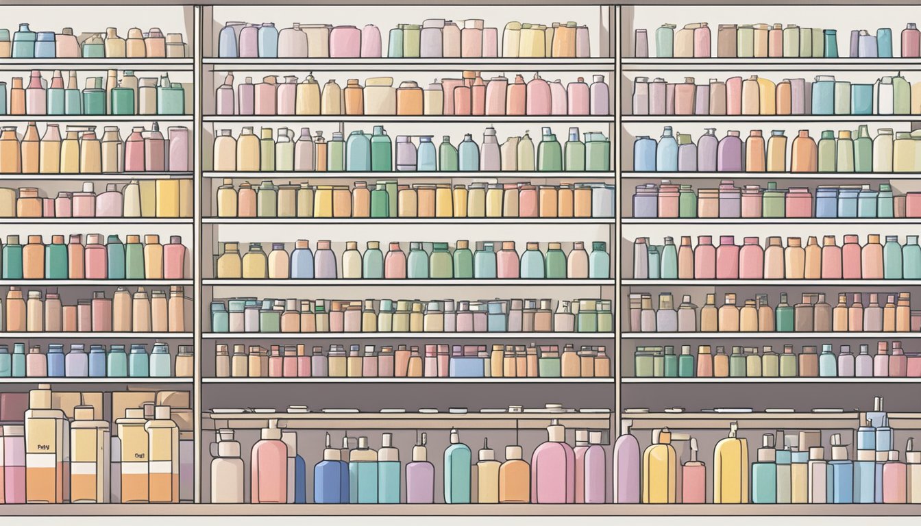 A shelf stocked with Shiseido shampoo bottles in a Singaporean store. Bright lights illuminate the display, and a sign above reads "Frequently Asked Questions: Where to buy Shiseido shampoo in Singapore."