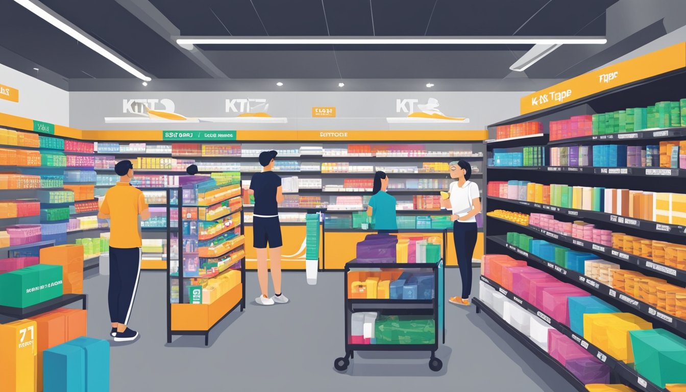 A bustling sports store in Singapore displays shelves of KT Tape products. Customers browse the colorful packaging, while a sales assistant restocks the popular item