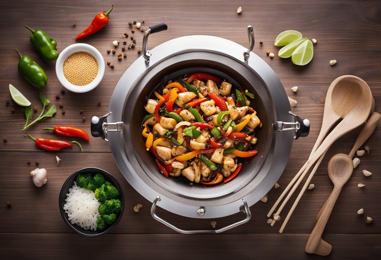 A sizzling wok with diced chicken, bell peppers, and onions stir-frying in a fragrant blend of soy sauce, ginger, and Sichuan peppercorns