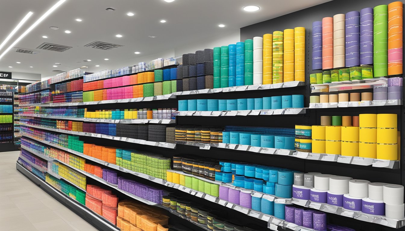 A variety of KT Tape products are displayed on shelves in a sports store in Singapore, with clear signage indicating where to buy them