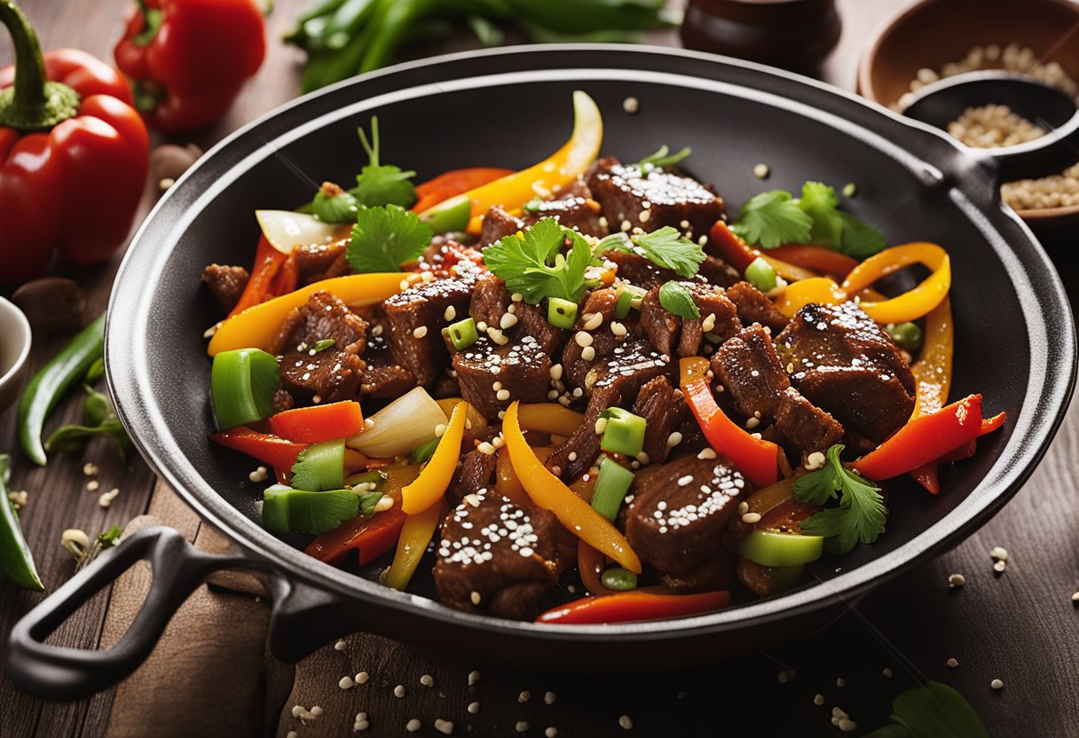 A sizzling wok with stir-fried beef, bell peppers, and onions in a savory brown sauce, garnished with sesame seeds and scallions