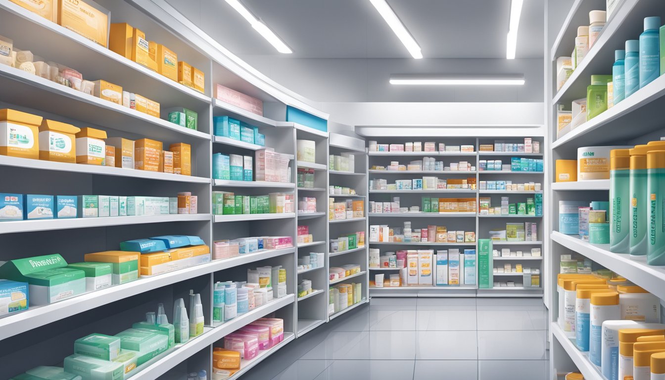 A pharmacy shelf displays various medical products, including tokuhon plaster, in Singapore. Bright lighting highlights the packaging