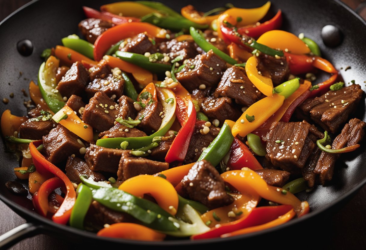 Sizzling beef strips in a wok with colorful bell peppers, onions, and garlic, seasoned with soy sauce and Chinese five-spice, creating an aromatic stir-fry