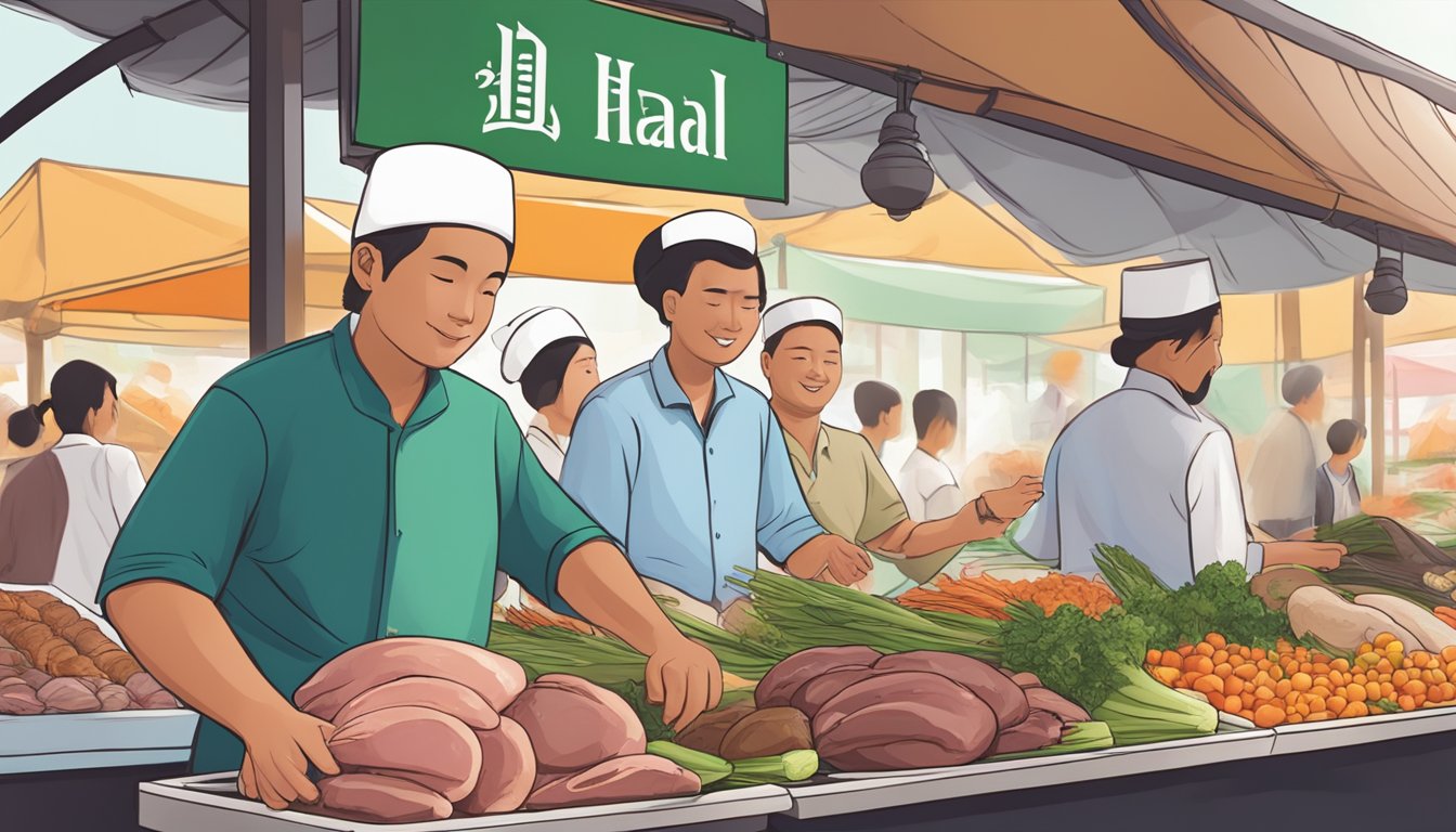 A bustling market stall displays halal smoked duck in Singapore, with a sign indicating "Frequently Asked Questions" about the product