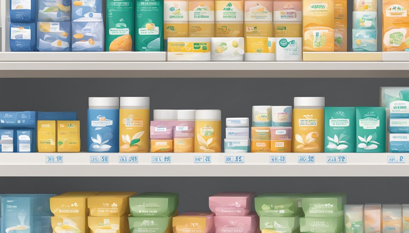 A display of Tokuhon Plaster boxes on a shelf in a Singaporean pharmacy, with a sign indicating the product is available for purchase