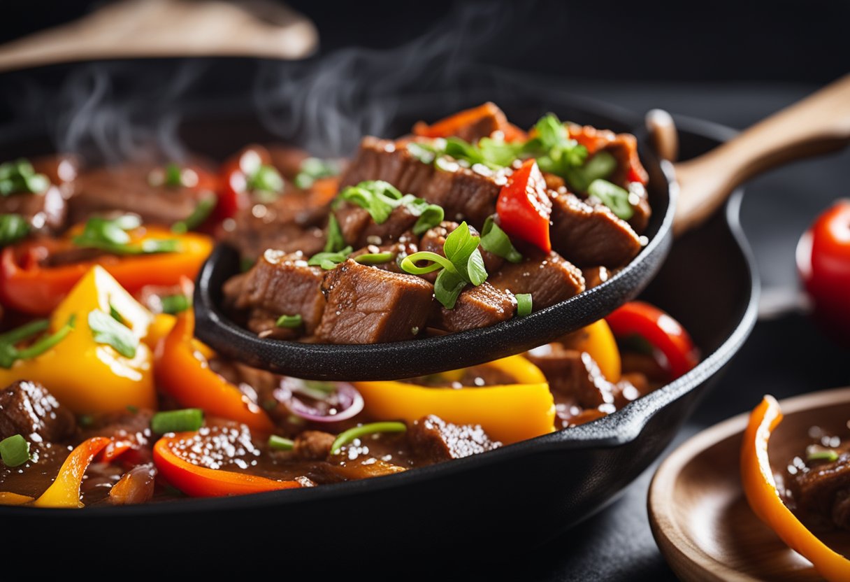 Sizzling skillet with sliced beef, bell peppers, and onions in a fragrant Chinese pepper steak sauce