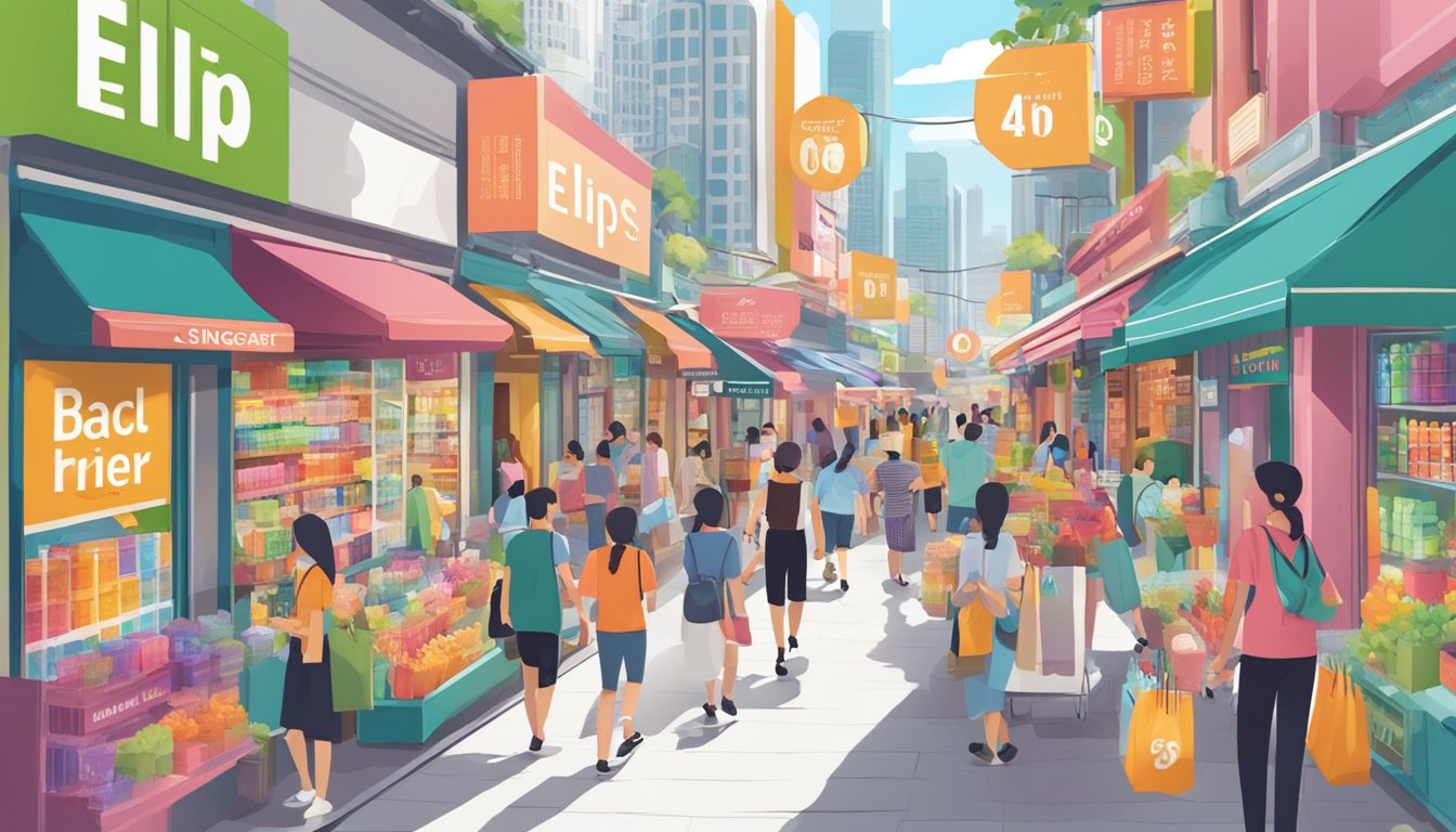 A busy street in Singapore with colorful storefronts, showcasing the Ellips hair vitamin product. Shoppers browsing and a sign indicating "Ellips Hair Vitamin Available Here" in bold letters